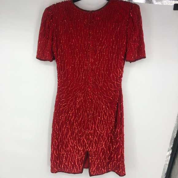 Laurence Kazar red sequin embellished dress Vintage Silk Pattern Petite Small PS - Picture 3 of 9
